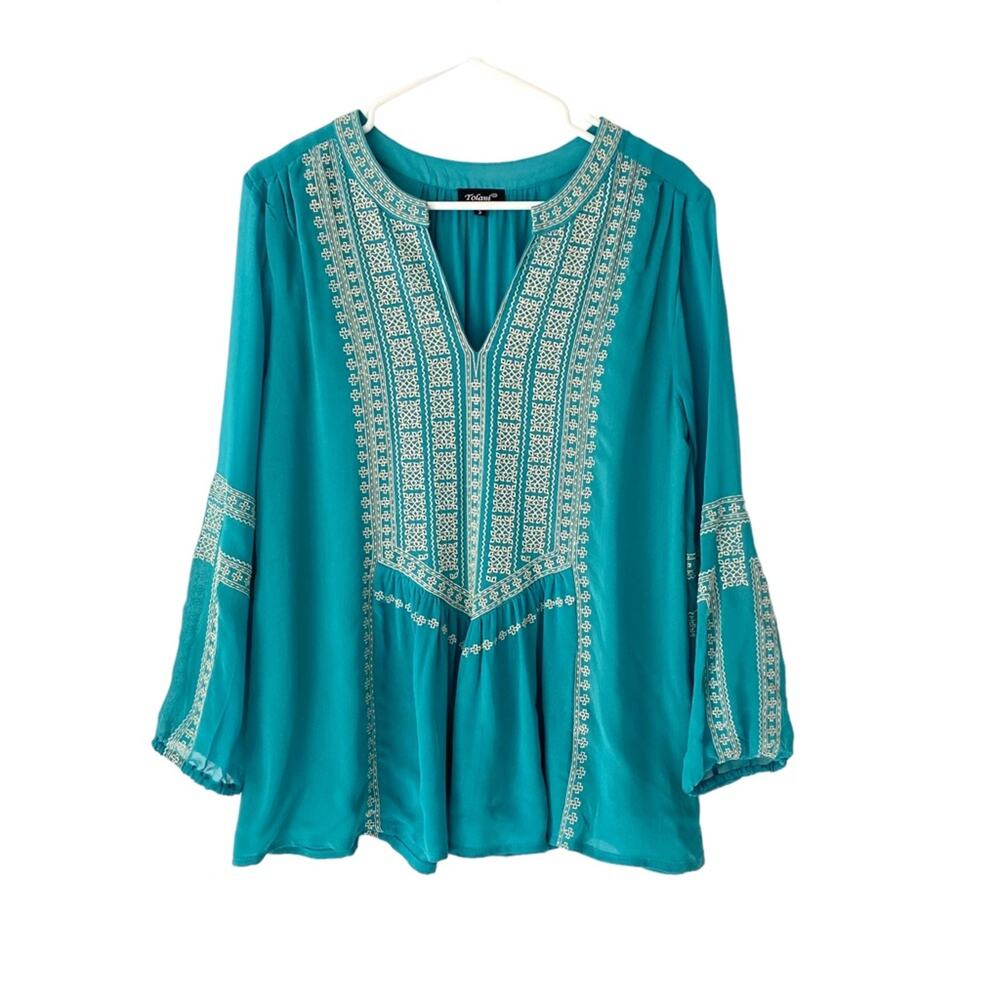 Tolani Embroidered Turquoise Blue Boho Blouse size small